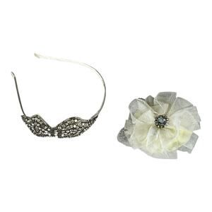 Vintage Headband and Hair Clip Set Ivory White with Silver One Size